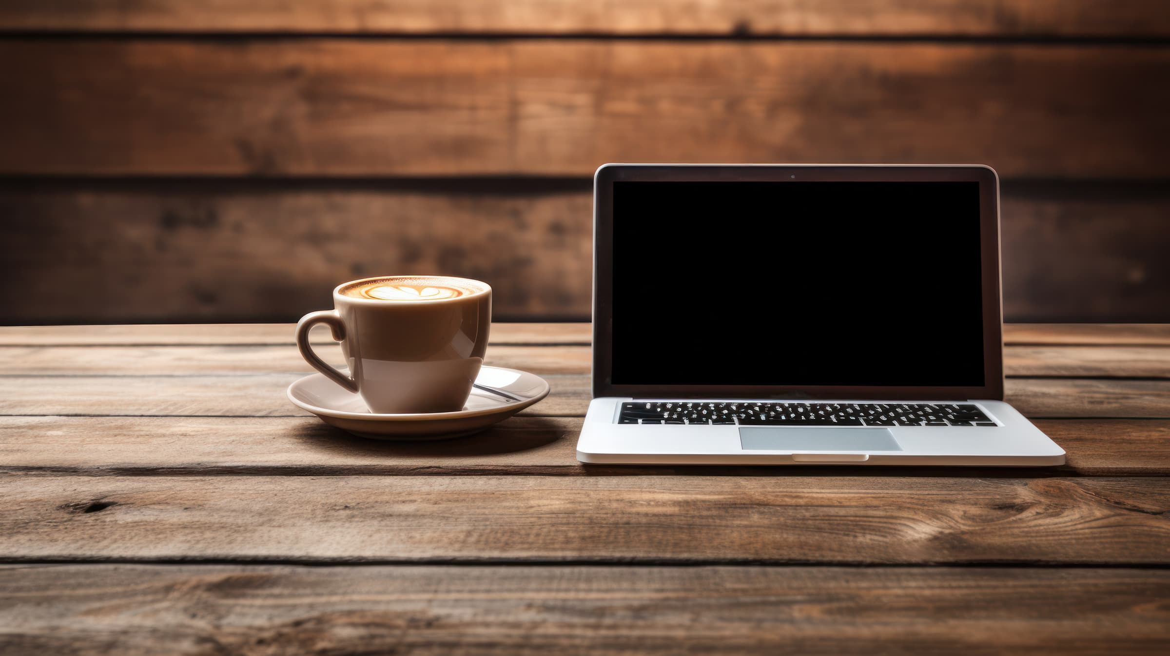 Laptop and coffee cup on wooden table